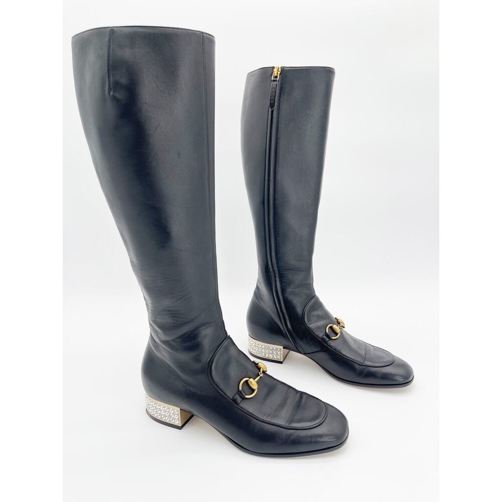 Gucci Mister Knee High Black Leather Horsebit Crystal Heel Riding Boots EU 39